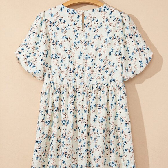 B268 Beige Floral Puff Short Sleeve Empire Waist Mini Dress - Picture 8 of 13